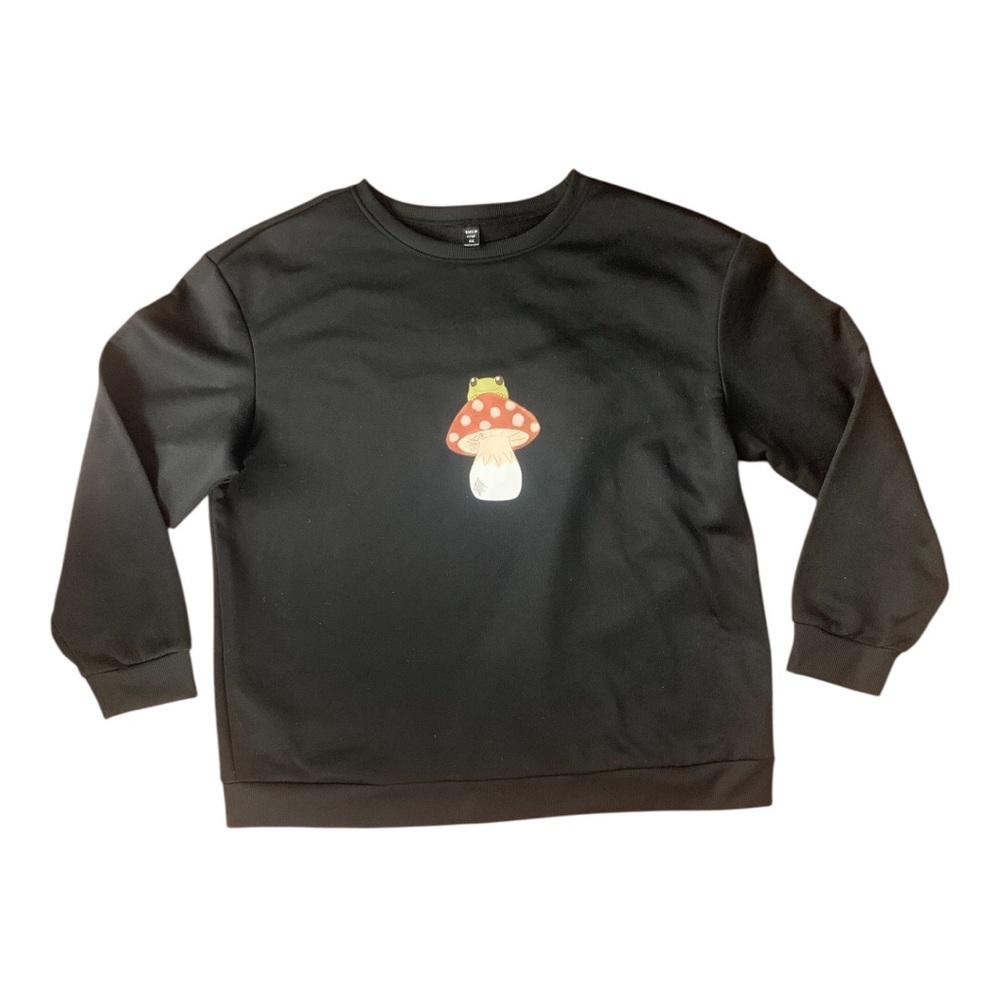 SHEIN Black Crewneck Sweater with Red Mushroom Graphic